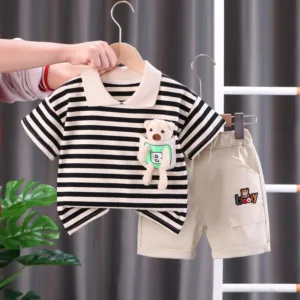 Mini Fashion™ - Streepjespak - Katoenen Kledingset Zwart / 86 (12-18 maanden) | Educatief Speelgoed