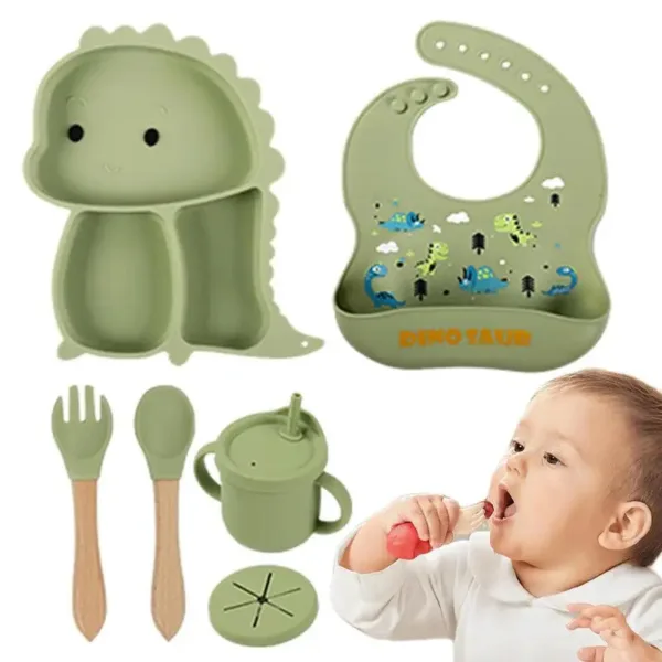 Dino Tablewear Set™ - 7-delige set - Siliconen Kinderservies Groen | Educatief Speelgoed - Afbeelding 1
