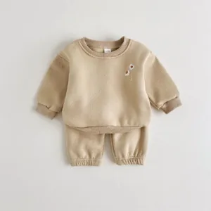 Mini Fashion™ - Warm&Comfortabel - Trainingspak met Bloemenborduursel Khaki / 73 (6-12 maanden) | Educatief Speelgoed