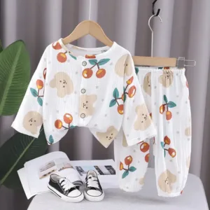 Mini Fashion™ - Luchtig Materiaal - Linnen Kleding Set Wit - Kersen / 90 (1-2 jaar) | Educatief Speelgoed