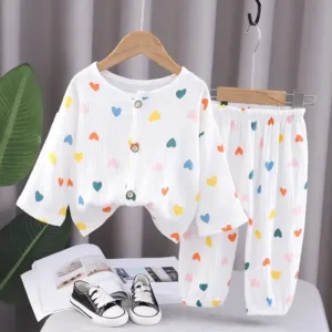 Mini Fashion™ - Luchtig Materiaal - Linnen Kleding Set Wit - Kleuren Hartjes / 100 (2-3 jaar) | Educatief Speelgoed