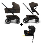 Set | Kinderwagen The Jiffle Wagon 2+ Plus Oak + Autostoel Novi Baby Jacky Pro 360 All Black + Base