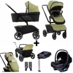 Kinderwagen The Jiffle Green + Autostoel Novi Baby Jewel&Base&Accessoires + GRATIS Bolderkarzitje&Voetenzak