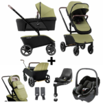 Kinderwagen The Jiffle Green + Autostoel Maxi-Cosi Pebble 360°&Base&Accessoires + GRATIS Bolderkarzitje&Voetenzak