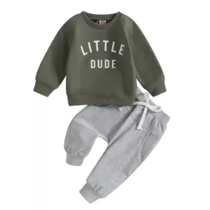 Mini Fashion™ - Stoere'Little Dude'Set Katoen Leger groen / Maat 80 (6 -12 maanden) | Educatief Speelgoed