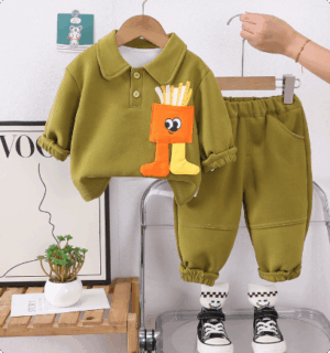 Mini Fashion™ - Schattige Frietjes - Tweedelige Outfit Olijfgroen / 110 (5 jaar) | Educatief Speelgoed