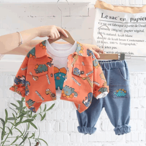 Mini Fashion™ - Peuter&Avontuur  - 3-delige Kleding Set Oranje Dino / 120 (5 jaar) | Educatief Speelgoed