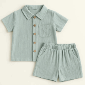 Mini Fashion™ - Katoen Linnen Zomerset Jongens Saliegroen Zakset / 100 (18-24 maanden) | Educatief Speelgoed