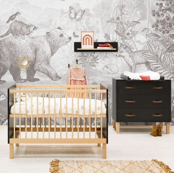 Babykamer Bopita Floris Mat Zwart/Naturel (Ledikant + Commode) - Afbeelding 1