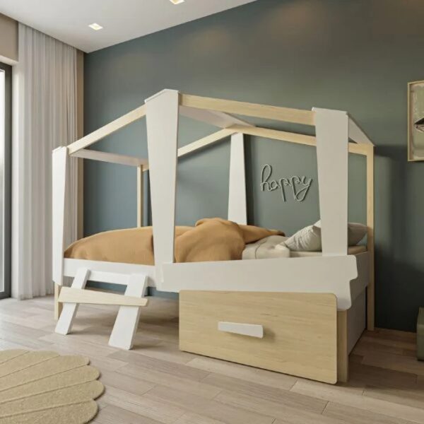 Tienerbed Cabane 90x200 Wit/Eiken - Afbeelding 1