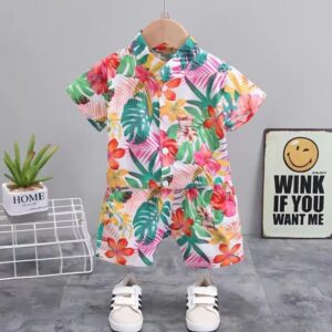 Mini Fashion™ - Fris&Vrolijk - Bloemen Jongens Setje Roze / 80 (9-12 Maanden) | Educatief Speelgoed