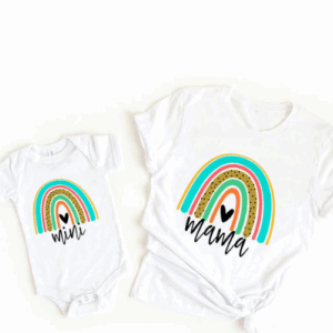 Mini Fashion™ - Mama&Dochter - Matchende Shirt&Romper Wit - Gekleurde Regenboog / Baby's 50 - (6-9 maanden) | Educatief Speelgoed