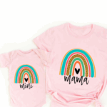 Mini Fashion™ - Mama&Dochter - Matchende Shirt&Romper Roze - Gekleurde Regenboog / Baby's 60 - (9-12 maanden) | Educatief Speelgoed