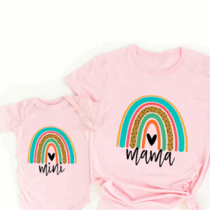 Mini Fashion™ - Mama&Dochter - Matchende Shirt&Romper Roze - Gekleurde Regenboog / Vrouwen - M | Educatief Speelgoed