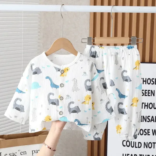 Mini Fashion™ - Luchtig Materiaal - Linnen Kleding Set Wit - Dinosaurus / 110 (3-4 jaar) | Educatief Speelgoed - Afbeelding 1