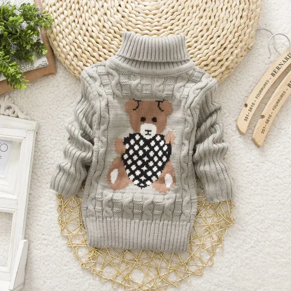 Mini Fashion™ - Kabeltrui met rolkraag Grijs met beer / Maat 104 (4-5 jaar) | Educatief Speelgoed - Afbeelding 1