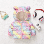 Mini Fashion™ - Polyester winterjas met Capuchon Regenboog Pastel - Eenhoornpatroon / 100 (4-5 jaar) | Educatief Speelgoed