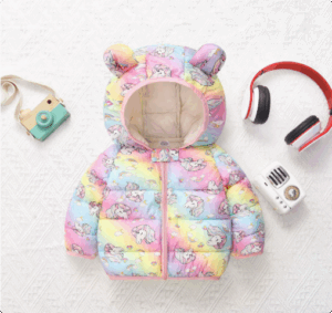 Mini Fashion™ - Polyester winterjas met Capuchon Regenboog Pastel - Eenhoornpatroon / 80 (9-12 maanden) | Educatief Speelgoed