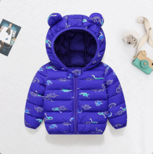 Mini Fashion™ - Polyester winterjas met Capuchon Donkerblauw - Dinosauruspatoon / 120 (7-8 jaar) | Educatief Speelgoed