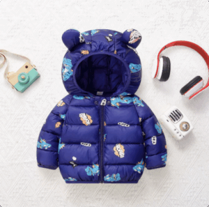 Mini Fashion™ - Polyester winterjas met Capuchon Donkerblauw - Cartoon Boom-patroon / 110 (5-6 jaar) | Educatief Speelgoed
