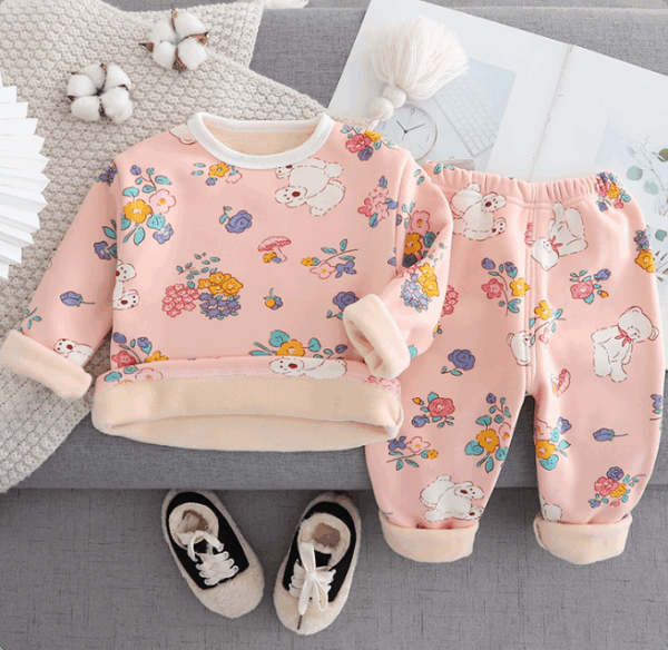Mini Fashion™ - Kinder Cartoon Fleece Pyjama Roze – Bloemenbeer / Maat 100 (3-4 jaar) | Educatief Speelgoed - Afbeelding 1
