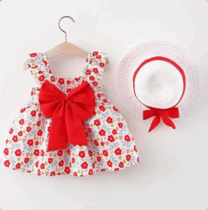 Mini Fashion™ – Zoet&Zomers– Fruit Jurk (incl. GRATIS strohoed) Rode Bloemenprint / 80 (9–12 maanden) | Educatief Speelgoed