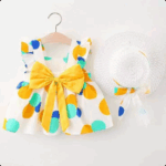 Mini Fashion™ – Zoet&Zomers– Fruit Jurk (incl. GRATIS strohoed) Geel-Turquoise Stippen / 90 (12–18 maanden) | Educatief Speelgoed