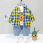 Mini Fashion™ - Peuter&Avontuur  - 3-delige Kleding Set Geel/Blauw geblokt / 120 (5 jaar) | Educatief Speelgoed