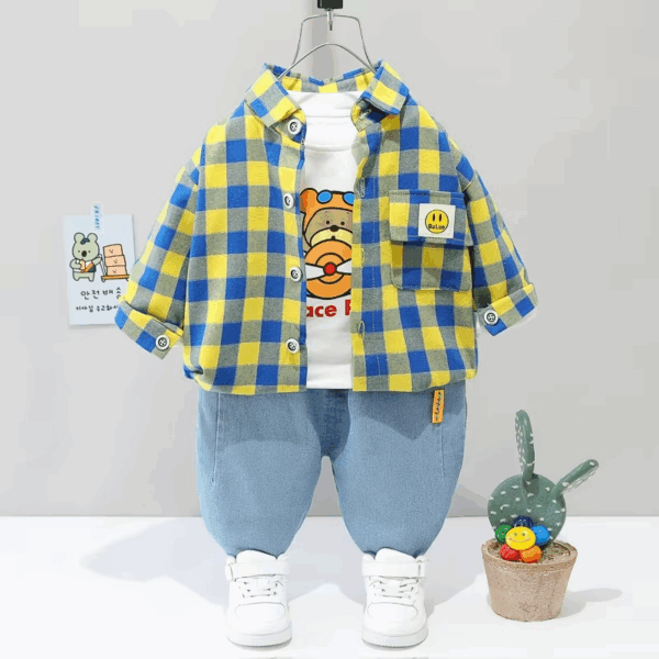Mini Fashion™ - Peuter&Avontuur  - 3-delige Kleding Set Geel/Blauw geblokt / 80 (12 maanden) | Educatief Speelgoed - Afbeelding 1