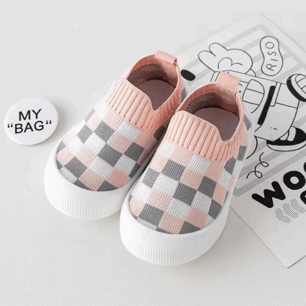 Mini Fashion™ - Geblokt patroon - Flexibele Instapschoen Roze-wit / 22/23 (1- 1.5 jaar) | Educatief Speelgoed - Afbeelding 1