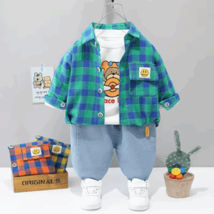 Mini Fashion™ - Peuter&Avontuur  - 3-delige Kleding Set Groen/Blauw geblokt / 100 (3 jaar) | Educatief Speelgoed
