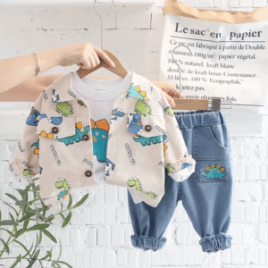Mini Fashion™ - Peuter&Avontuur  - 3-delige Kleding Set Wit Dino / 90 (2 jaar) | Educatief Speelgoed