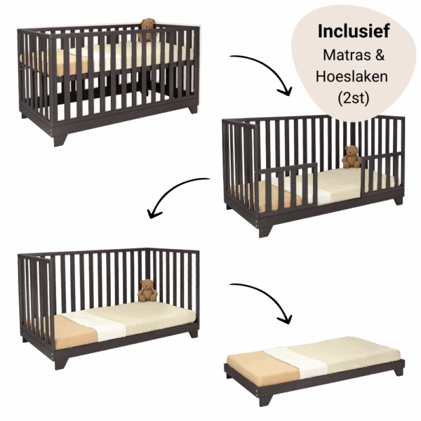 Set | Meegroeiledikant Colorfull Home Lois V2 70x140 Pure Black + Matras Airflow Pro + Hoeslaken Meyco Jersey Wit (2st) - Afbeelding 1