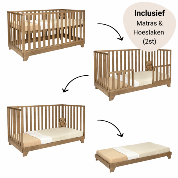 Set | Meegroeiledikant Colorfull Home Lois V2 70x140 Pure Walnut + Matras Airflow Pro + Hoeslaken Meyco Jersey Wit (2st) - Afbeelding 1