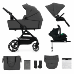 Kinderwagen Kinderkraft Yoxi 3-in-1 Moonlight Grey Met Autostoel Kinderkraft Mink 2 Pro I-Size Black Met Base