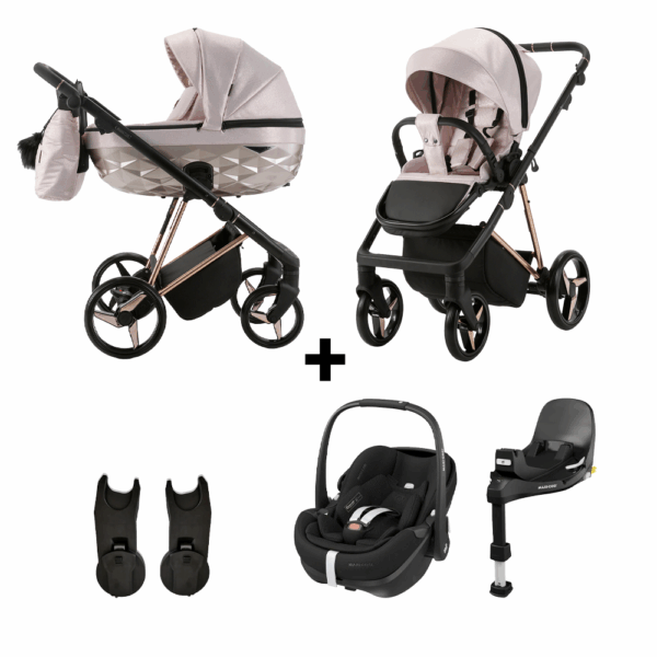 Kinderwagen Adamex Quantum Glossy Pink Star + Autostoel Maxi-Cosi Pebble Pro2 en Base Slide Tech - Afbeelding 1
