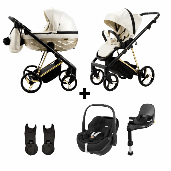 Kinderwagen Adamex Quantum Beige Gold Star + Autostoel Maxi-Cosi Pebble Pro2 en Base Slide Tech - Afbeelding 1