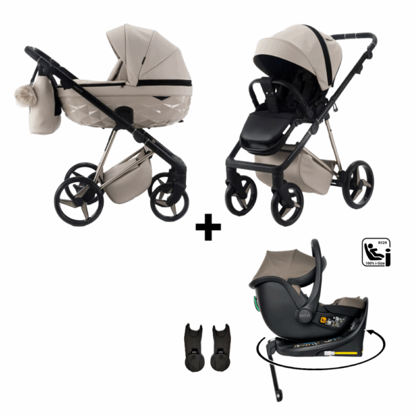 Kinderwagen Adamex Quantum Star Beige + Autostoel Jacky Pro 360° Dark Taupe&Base&Adapterset - Afbeelding 1