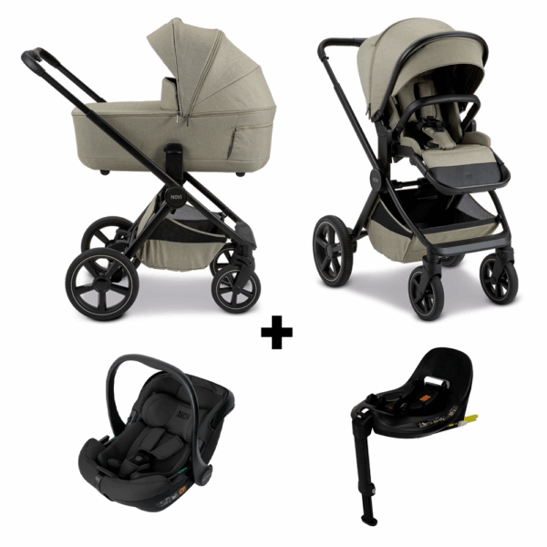 Kinderwagen Novi Baby Luna Premium Solid Sand met Autostoel Jackey Pro 360 All Black&Base - Afbeelding 1