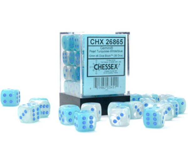 6-zijdige Gemini dobbelstenen 12mm PEARL TURQUOISE-WHITE/BLUE LUMINARY (36 dobbelstenen) - Chessex - Afbeelding 1