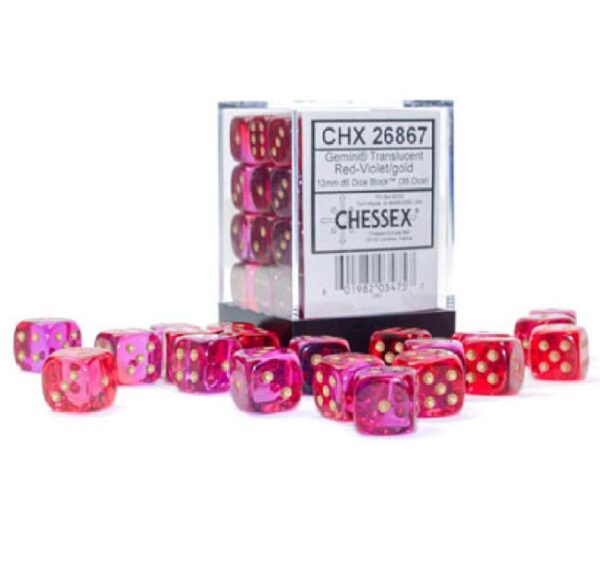 Doorzichtige 6-zijdige Gemini dobbelstenen 12mm RED-VIOLET/GOLD (36 dobbelstenen) - Chessex - Afbeelding 1