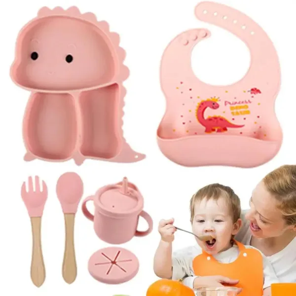 Dino Tablewear Set™ - 7-delige set - Siliconen Kinderservies Roze | Educatief Speelgoed - Afbeelding 1