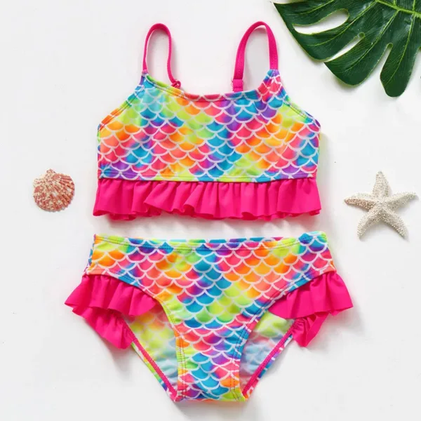 Mini Fashion™ - Sneldrogend Materiaal - Bikini Set Bikini Schubben - Regenboog / (5-6 jaar) | Educatief Speelgoed - Afbeelding 1