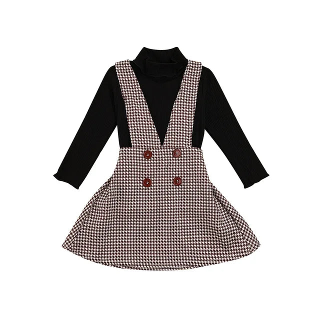 image_44_Citgeett_Autumn_Kids_Girls_Clothes_Set_Suit_Solid_Turtleneck_TopsPlaid_Suspender_Skirt_Sets_Fall_Clothes_6 Mini Fashion™ - Schattig en Stijlvol - Tweedelige jurken set Zwart / 116 (5 - 6 Jaar) | Educatief Speelgoed - Afbeelding 1