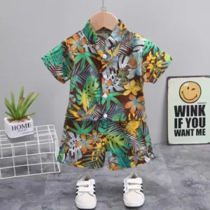 Mini Fashion™ - Fris&Vrolijk - Bloemen Jongens Setje Groen / 80 (9-12 Maanden) | Educatief Speelgoed