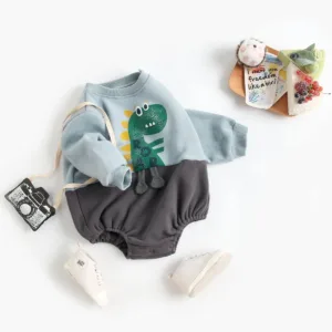 Mini Fashion– Zachte Fleece Onesie met Dino print Blauw / 90 (18–24 maanden) | Educatief Speelgoed
