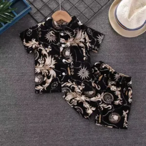 Mini Fashion™ - Fris&Vrolijk - Bloemen Jongens Setje Zwart / 90 (1-2 Jaar) | Educatief Speelgoed