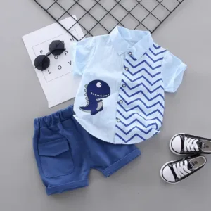 Mini Fashion™ - Overhemd dino met broekje Blauw / 100 (3 jaar) | Educatief Speelgoed