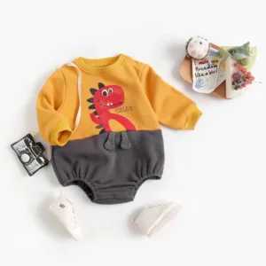 Mini Fashion– Zachte Fleece Onesie met Dino print Geel / 66 (0–6 maanden) | Educatief Speelgoed