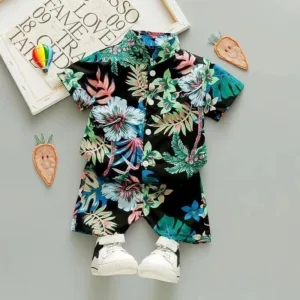 Mini Fashion™ - Fris&Vrolijk - Bloemen Jongens Setje Blauw / 110 (3-4 Jaar) | Educatief Speelgoed